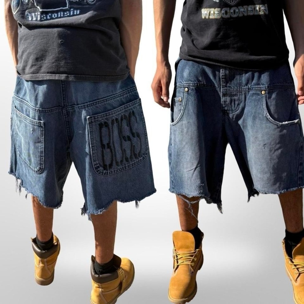 BOSS embroidered y2k 2000s navy blue and baggy relaxed fit skater jean shorts